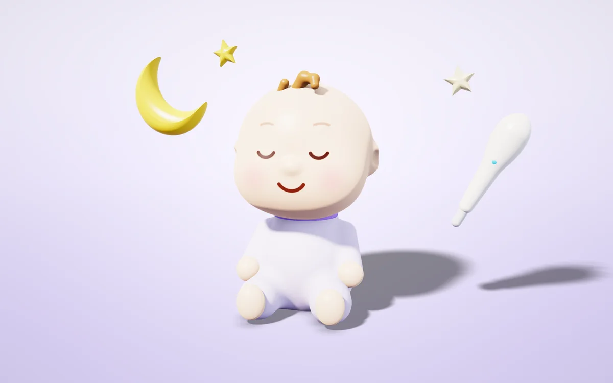Uyku tulumu giymiş bebek ve oda termometresi, 3D illüstrasyon