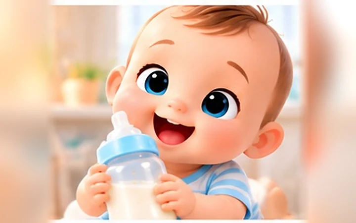 Biberonunu iki eliyle tutan mutlu bebek
