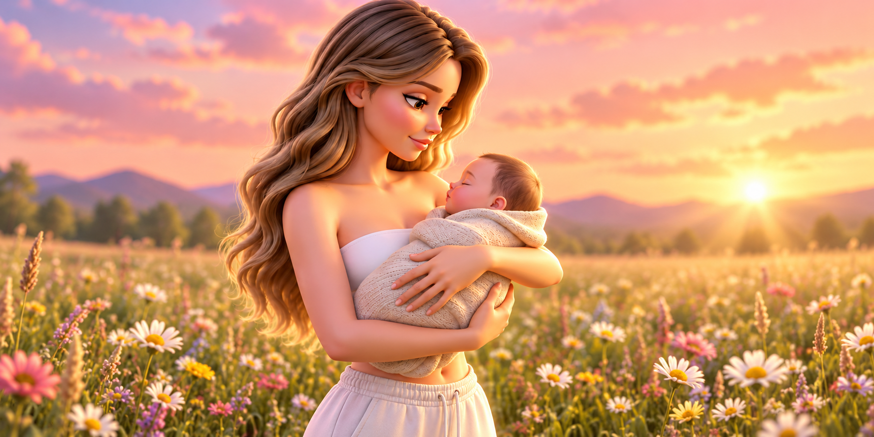 Bebeğine sarılan anne ve kalpler, 3D illüstrasyon