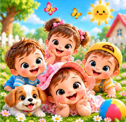 Kollarını açmış gülümseyen bebek ve bulutlar, 3D illüstrasyon